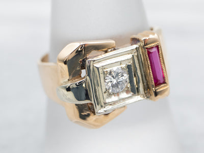 Vintage Diamond and Synthetic Ruby Buckle Ring