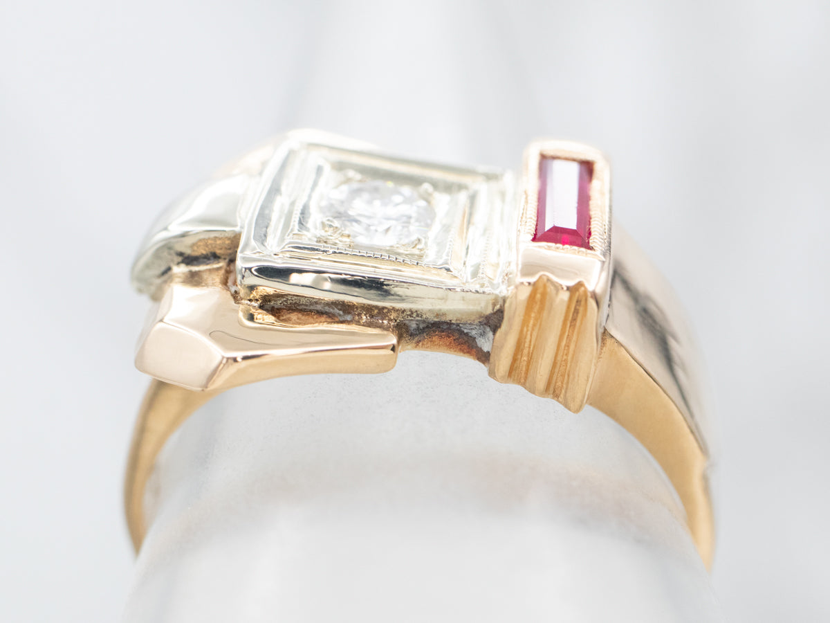 Vintage Diamond and Synthetic Ruby Buckle Ring
