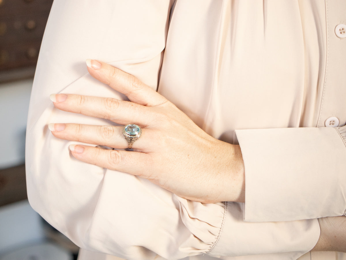Art Deco Aquamarine Filigree Ring