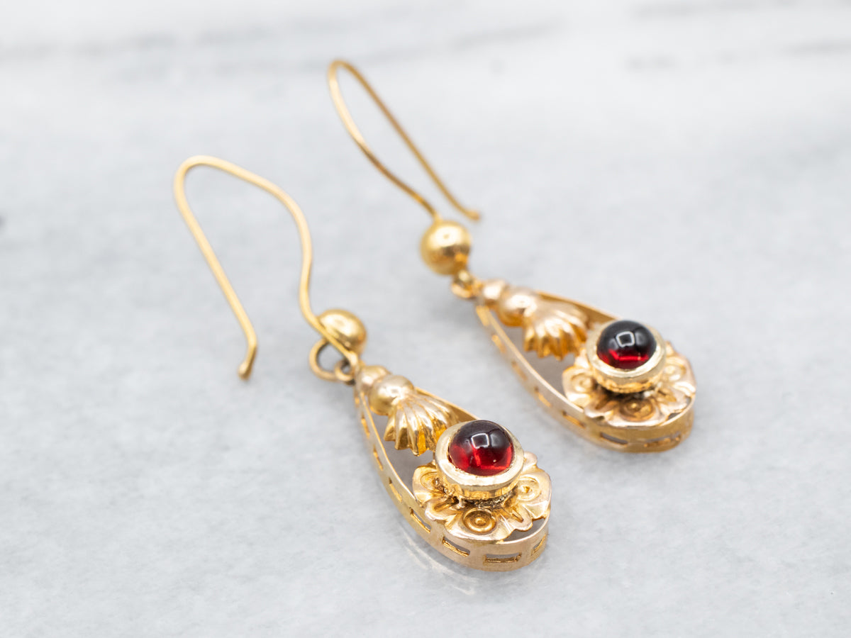 Ornate Garnet Cabochon Drop Earrings