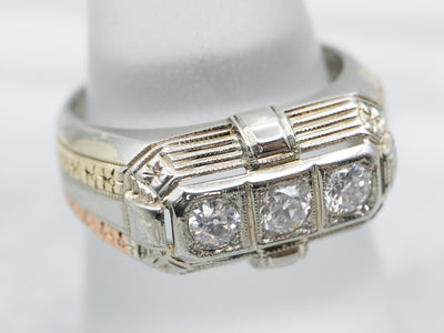 Tri-Color Gold Art Deco Three Stone Diamond Ring