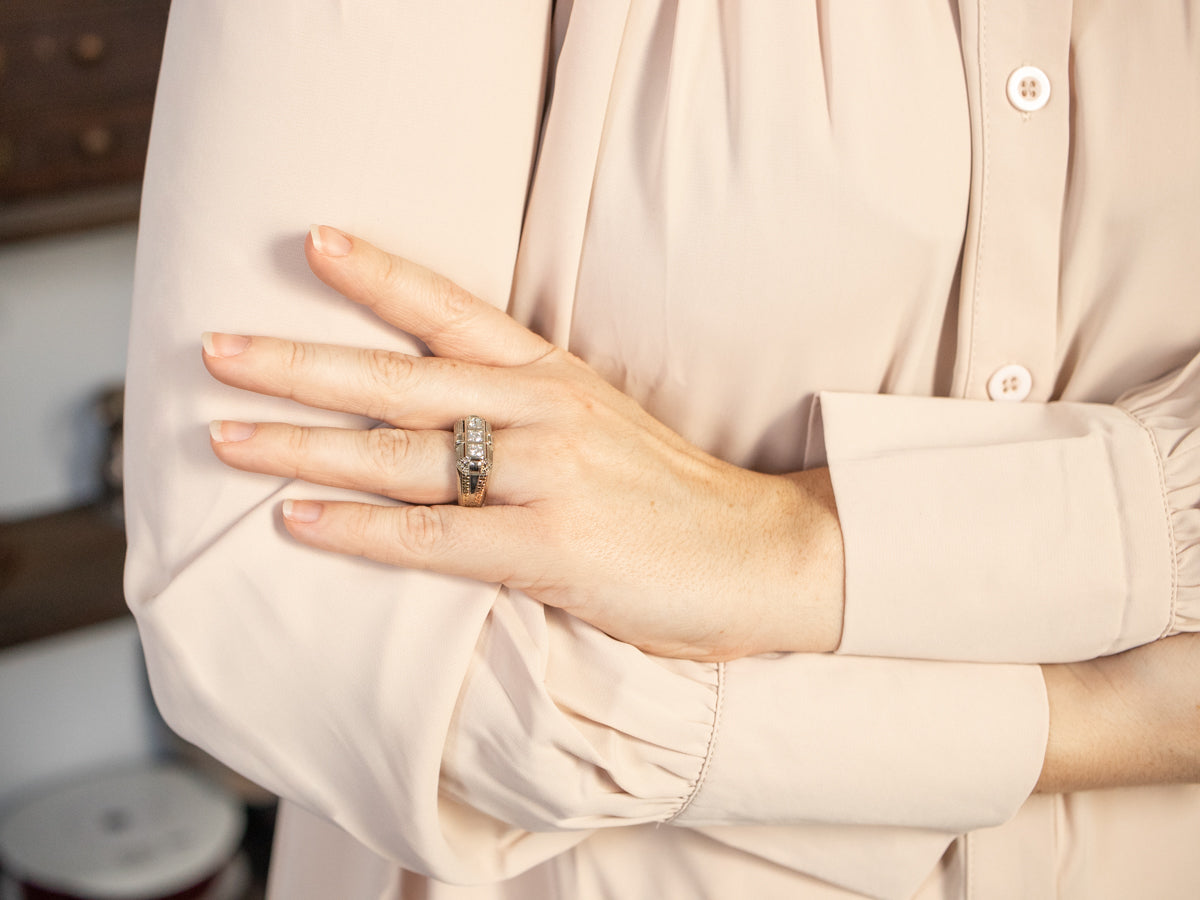 Tri-Color Gold Art Deco Three Stone Diamond Ring