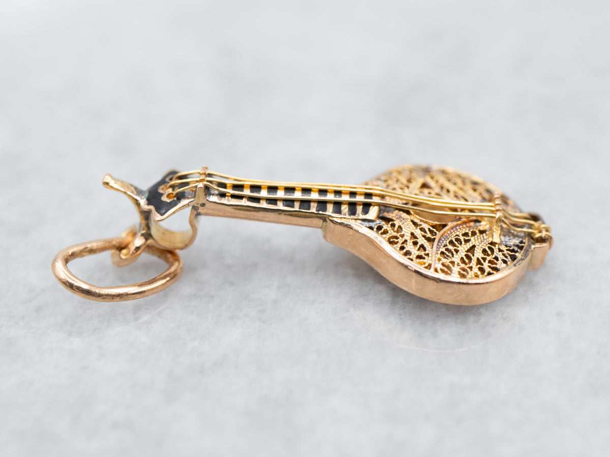 Ornate Black  Enamel and Gold Mandolin Charm
