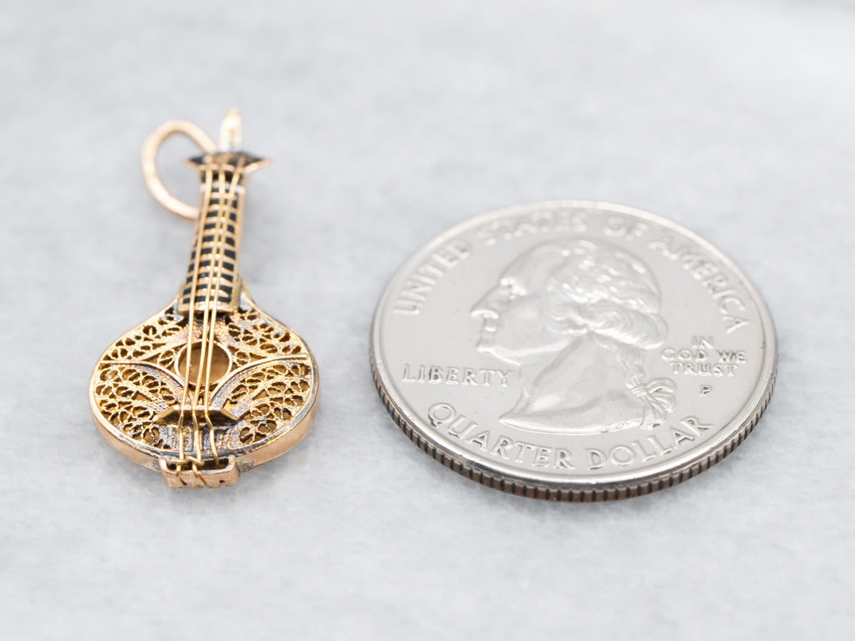 Ornate Black  Enamel and Gold Mandolin Charm