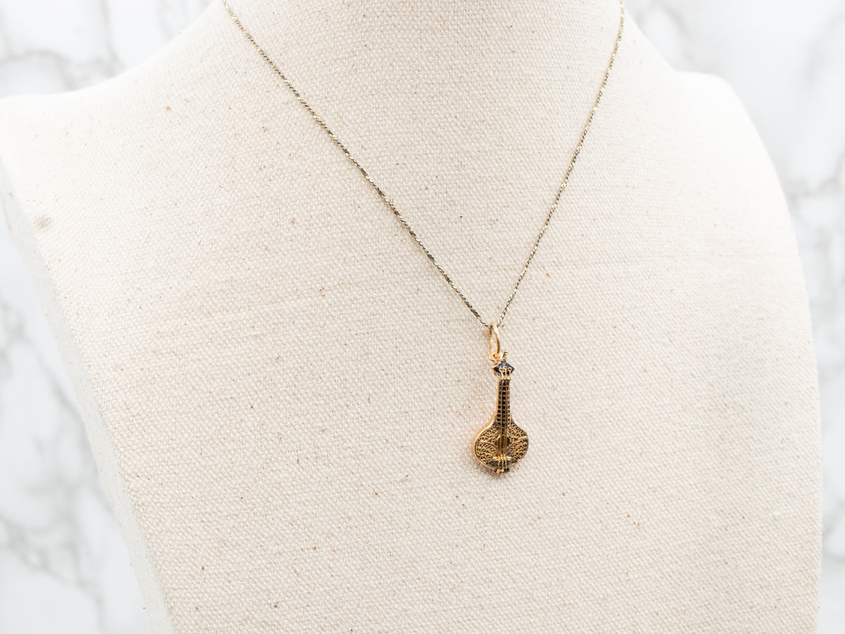 Ornate Black  Enamel and Gold Mandolin Charm