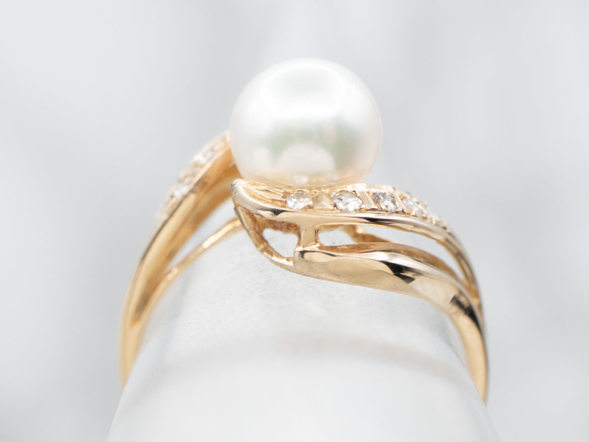 Vintage Gold Pearl and Diamond Bypass Ring