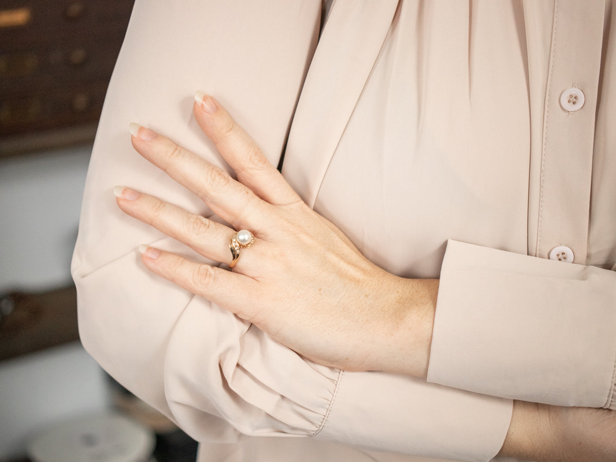Vintage Gold Pearl and Diamond Bypass Ring