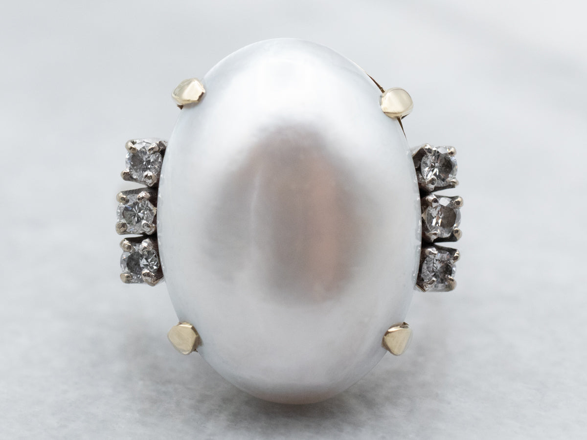 Vintage Mabe Pearl and Diamond Cocktail Ring