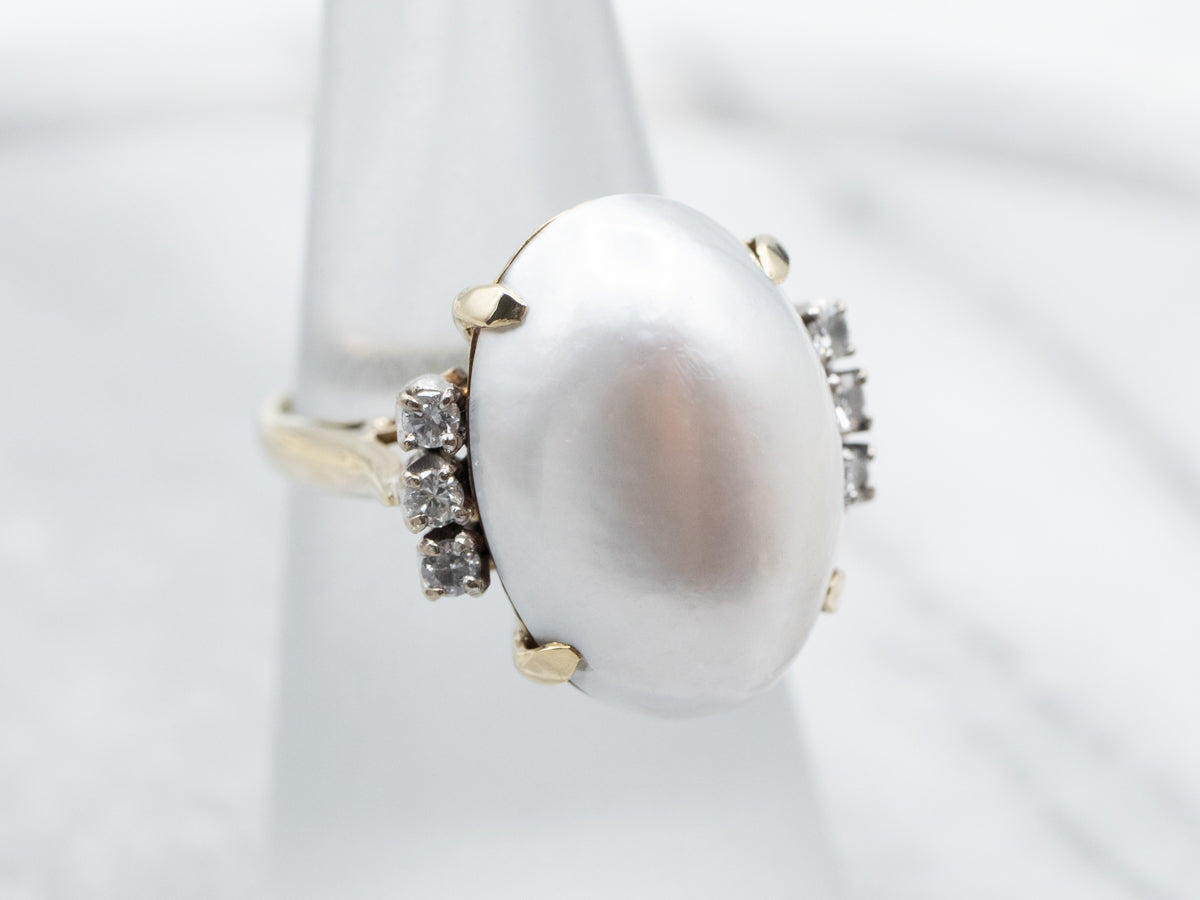 Vintage Mabe Pearl and Diamond Cocktail Ring