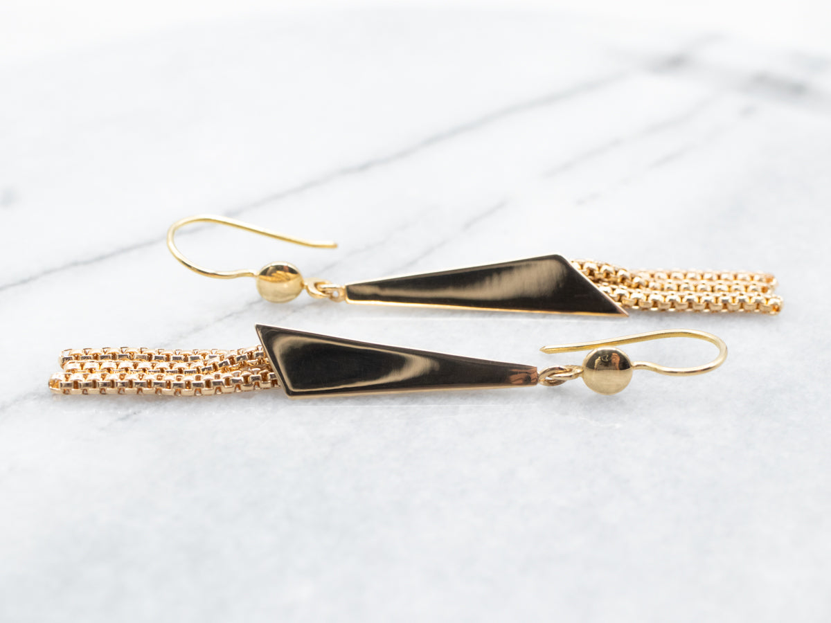 Modernist Yellow Gold Box Tassel Link Drop Earrings