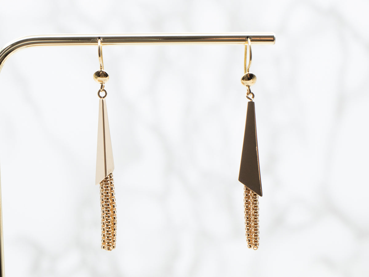 Modernist Yellow Gold Box Tassel Link Drop Earrings