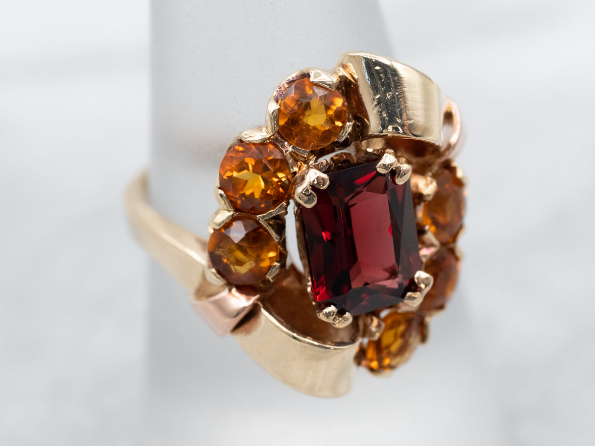 Retro Era Garnet and Citrine Statement Ring
