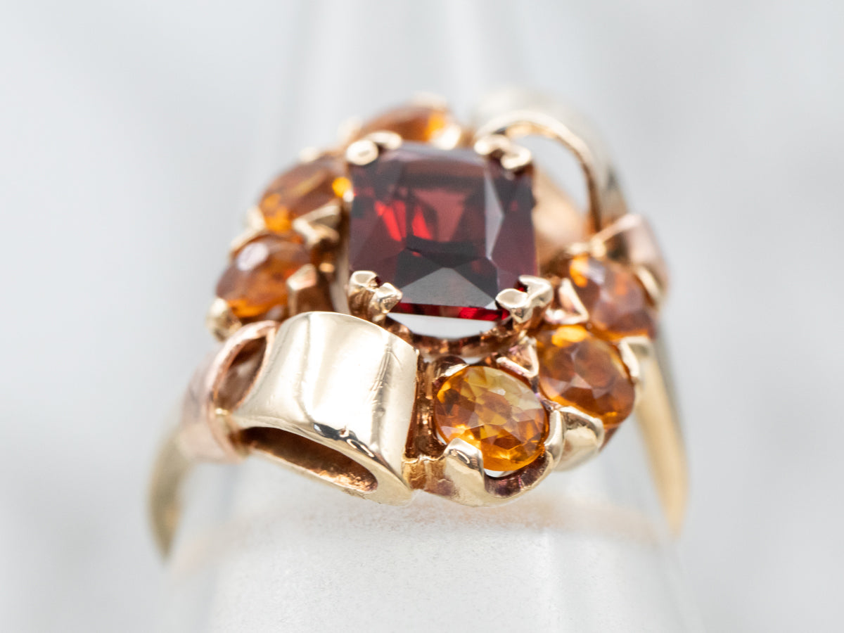 Retro Era Garnet and Citrine Statement Ring