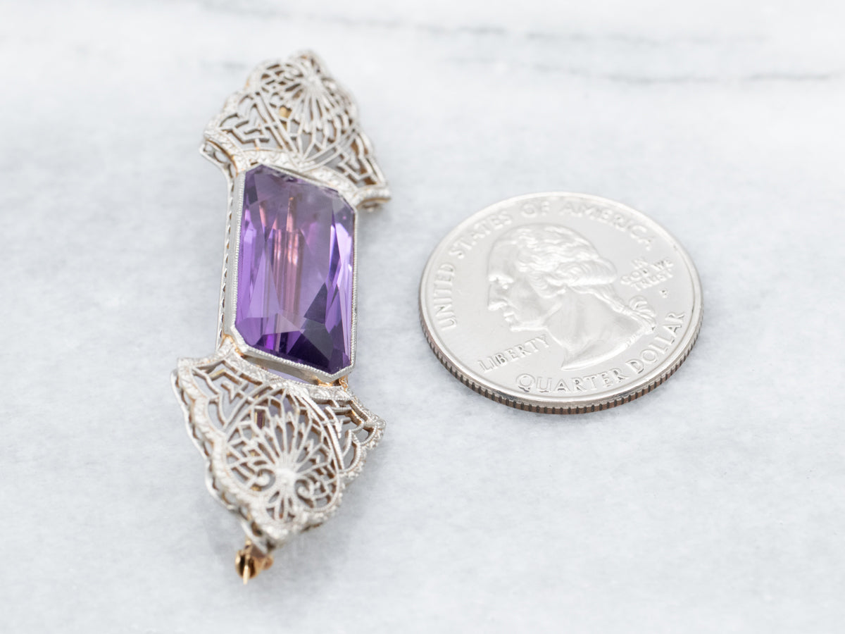 Art Deco Amethyst Filigree Brooch