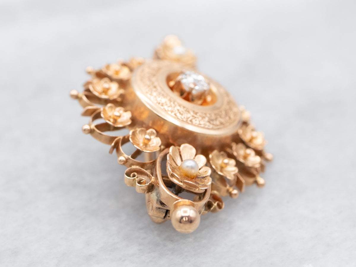 Floral Old Mine Cut Diamond and Seed Pearl Brooch