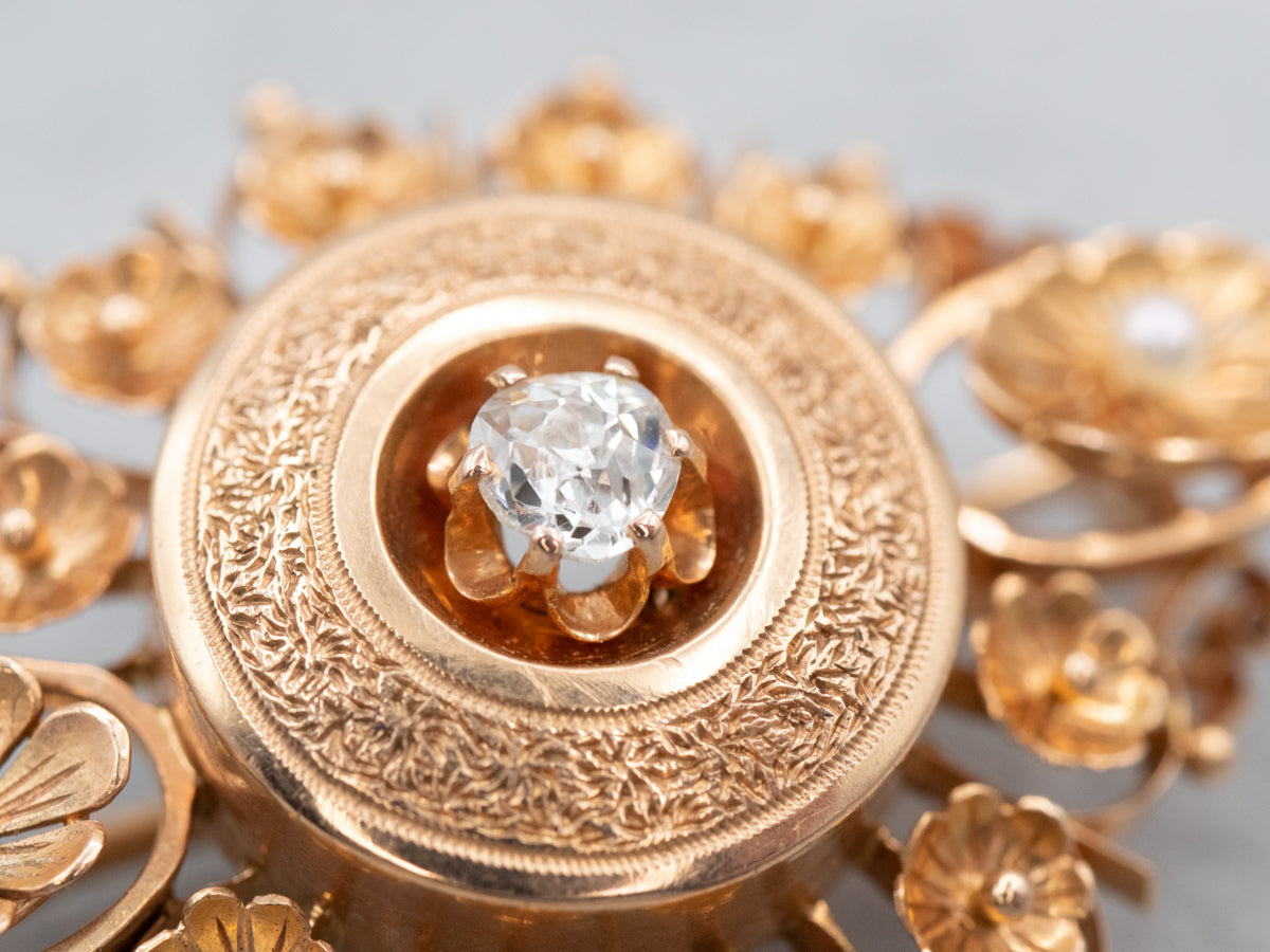 Floral Old Mine Cut Diamond and Seed Pearl Brooch