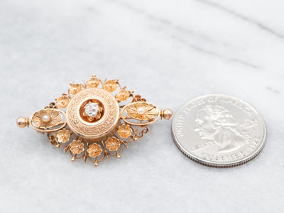 Floral Old Mine Cut Diamond and Seed Pearl Brooch