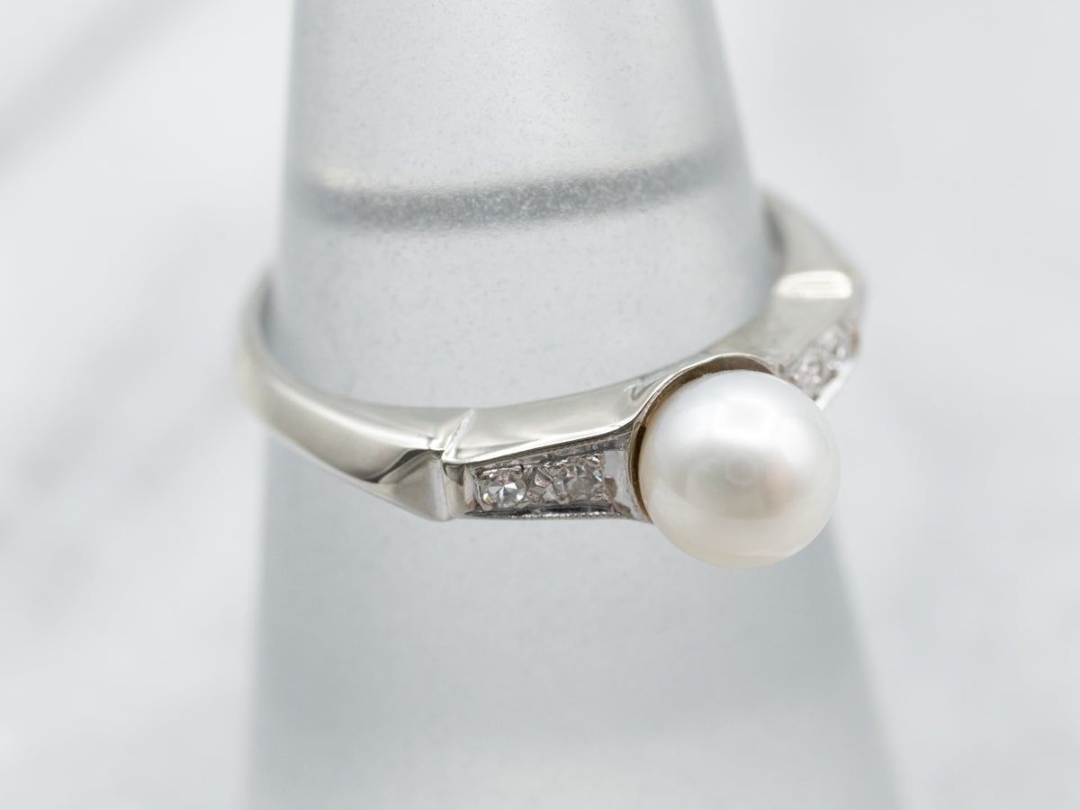 Knife Edge Shoulder Pearl and Diamond Accent Ring