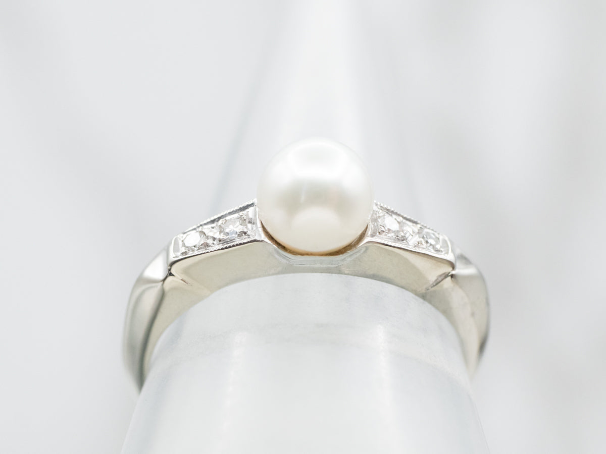 Knife Edge Shoulder Pearl and Diamond Accent Ring