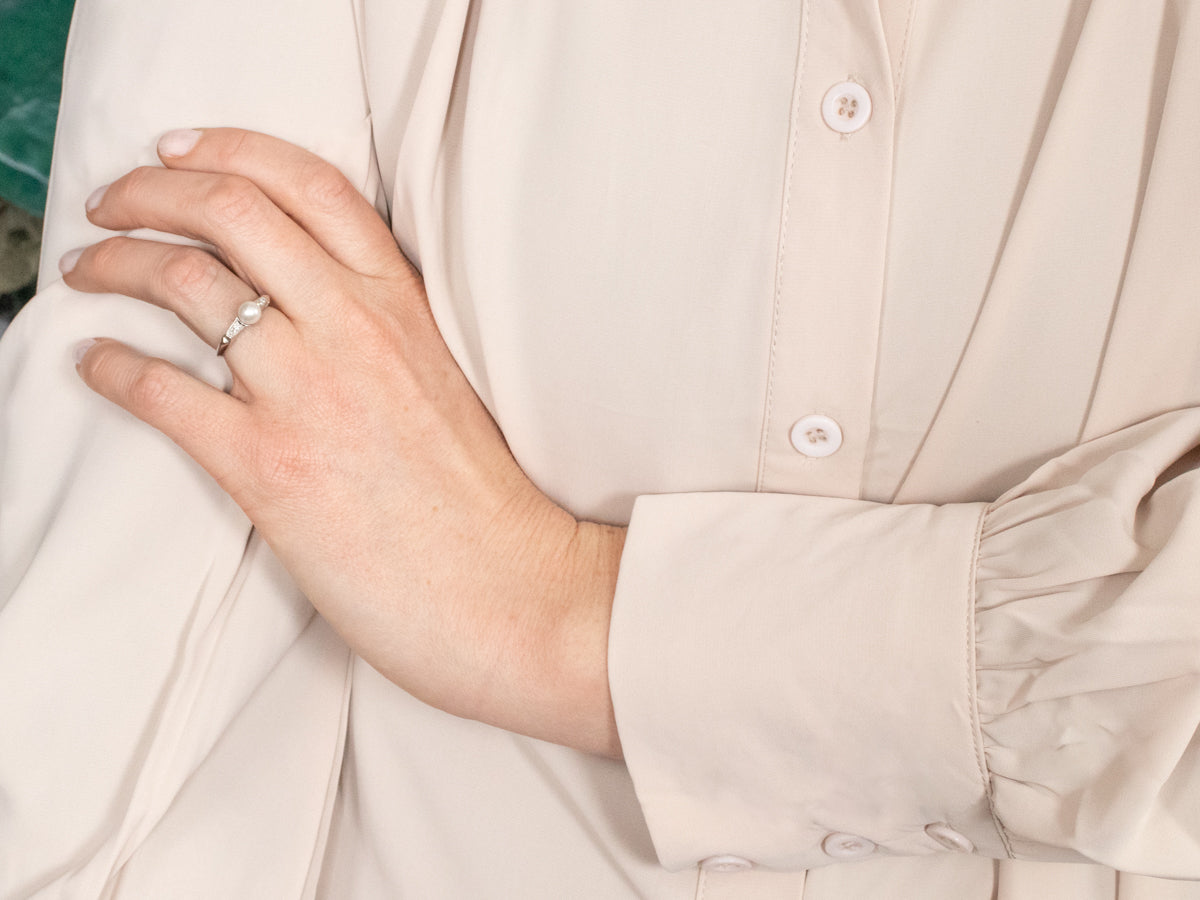 Knife Edge Shoulder Pearl and Diamond Accent Ring
