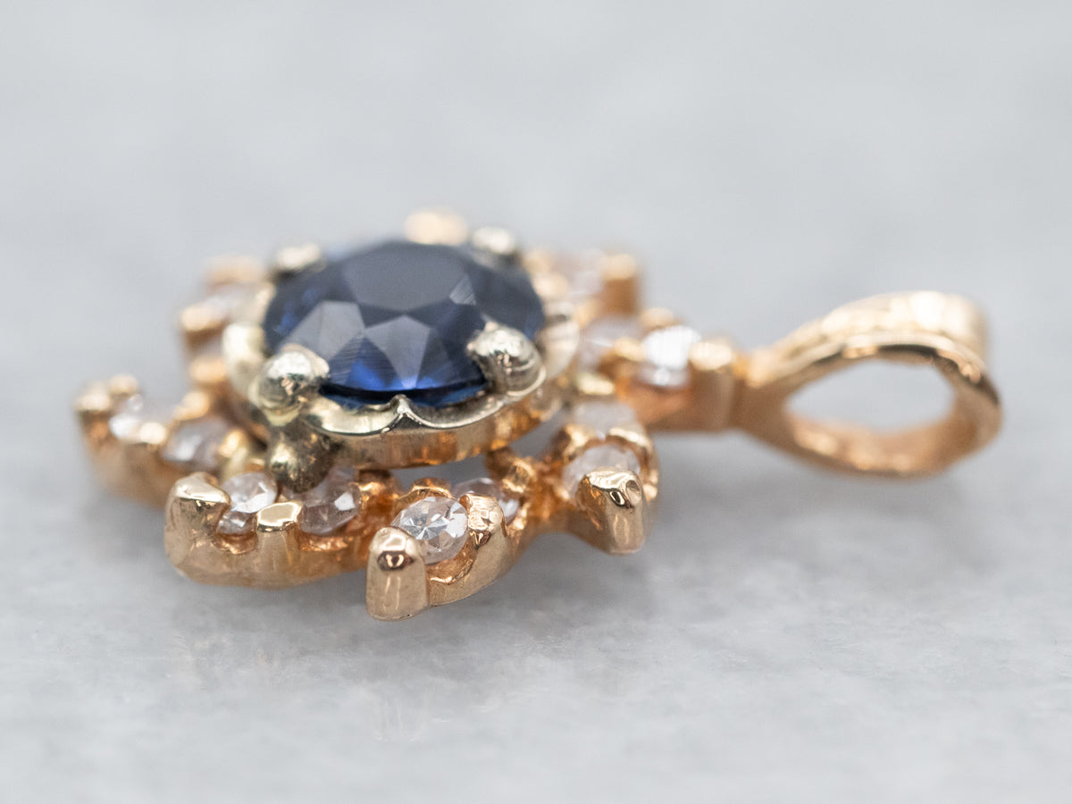 Blue Sapphire and Diamond Sun Halo Pendant