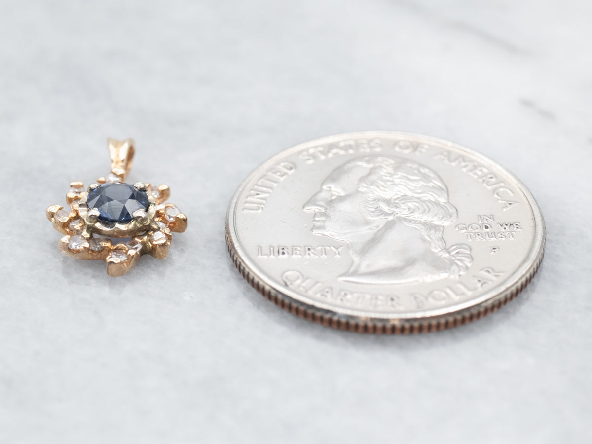 Blue Sapphire and Diamond Sun Halo Pendant