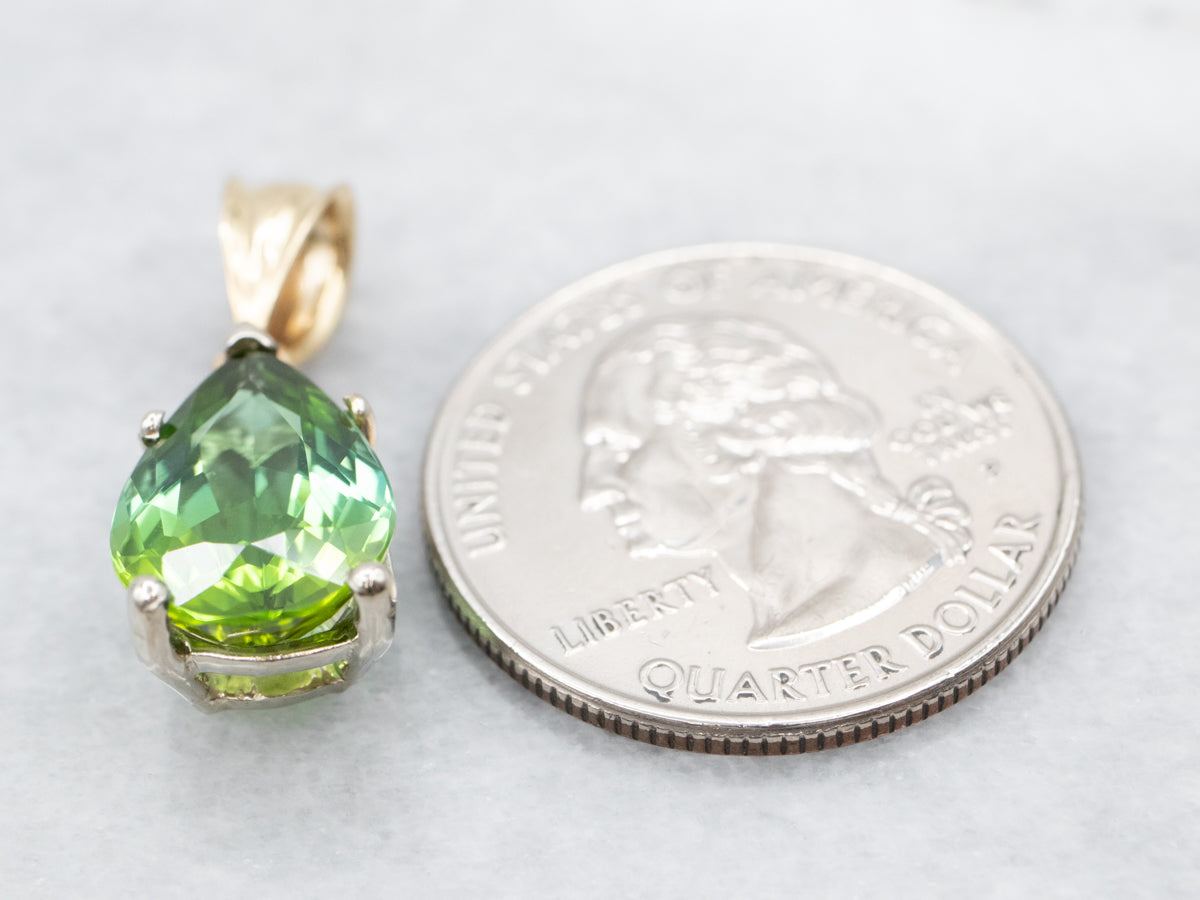 Two Tone Gold Green Tourmaline Solitaire Pendant