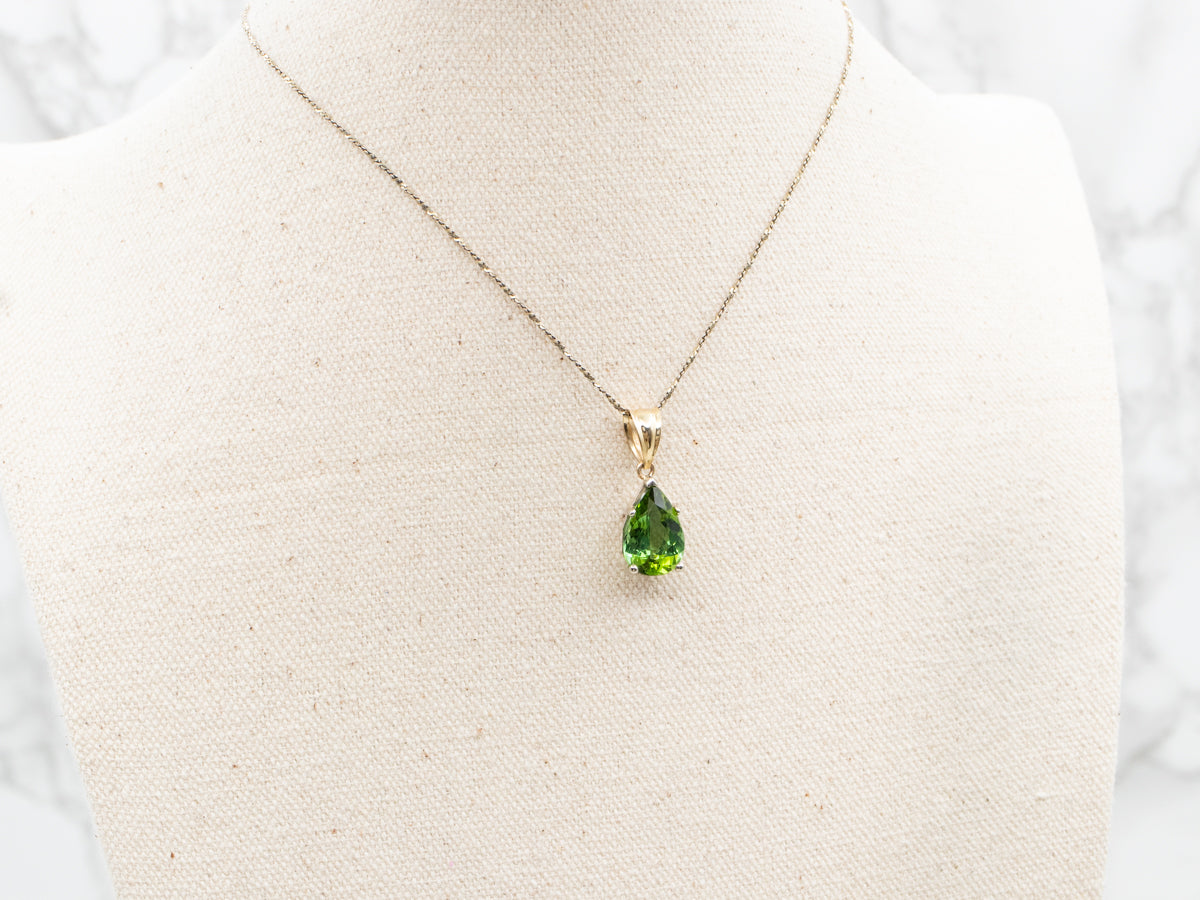 Two Tone Gold Green Tourmaline Solitaire Pendant