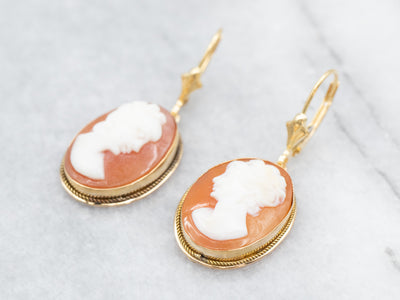 Gold Mid Century Cameo Drop Earrings