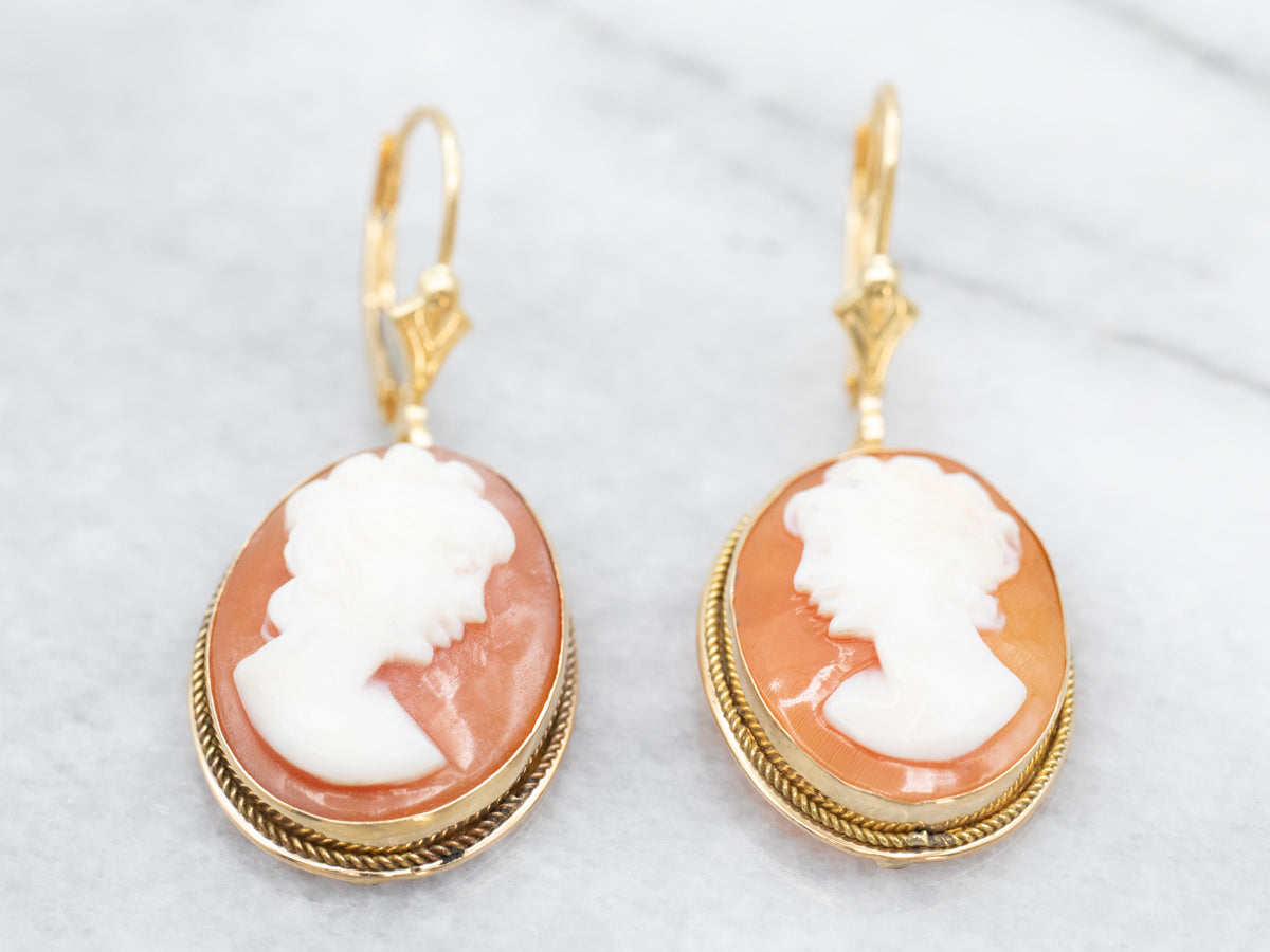 Gold Mid Century Cameo Drop Earrings