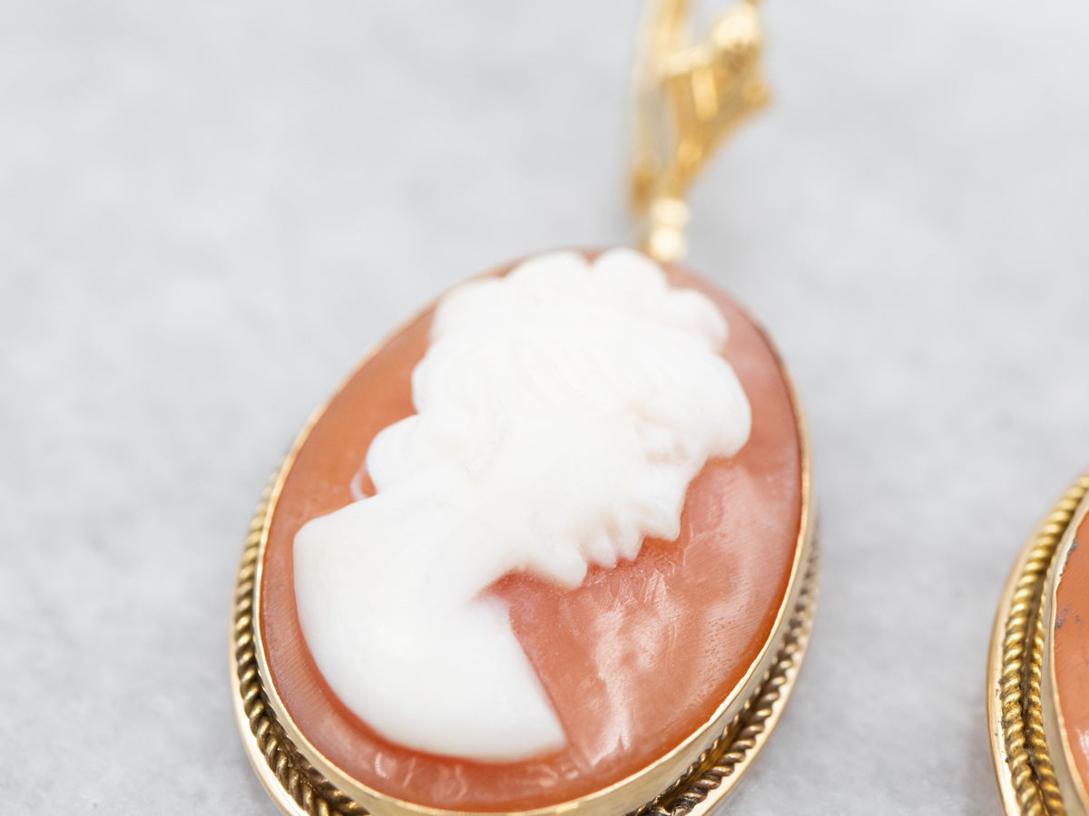 Gold Mid Century Cameo Drop Earrings