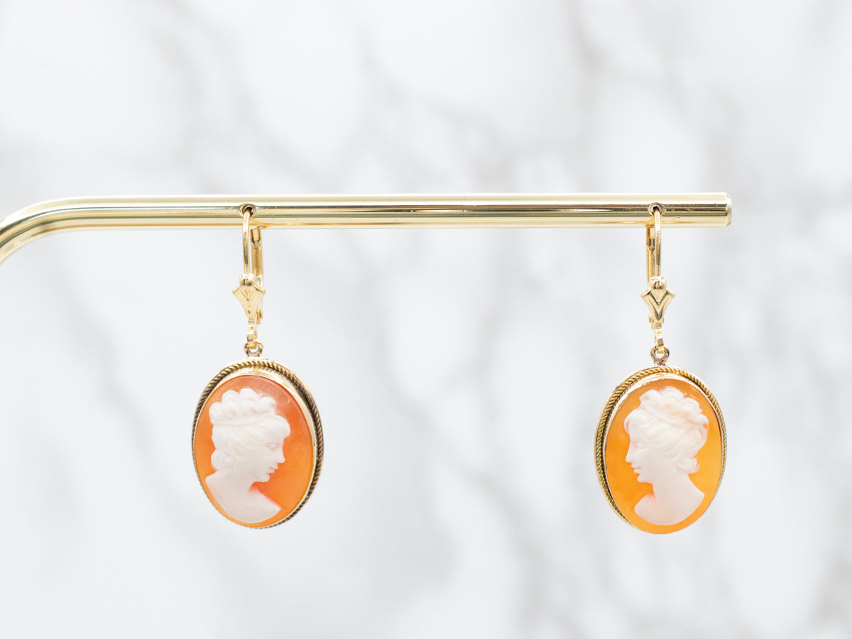 Gold Mid Century Cameo Drop Earrings