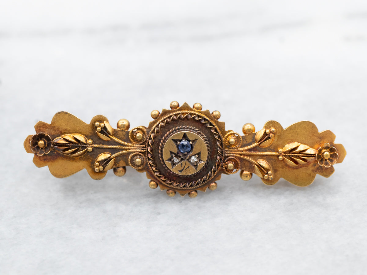 Etruscan Revival Sapphire and Rose Cut Diamond Antique Brooch