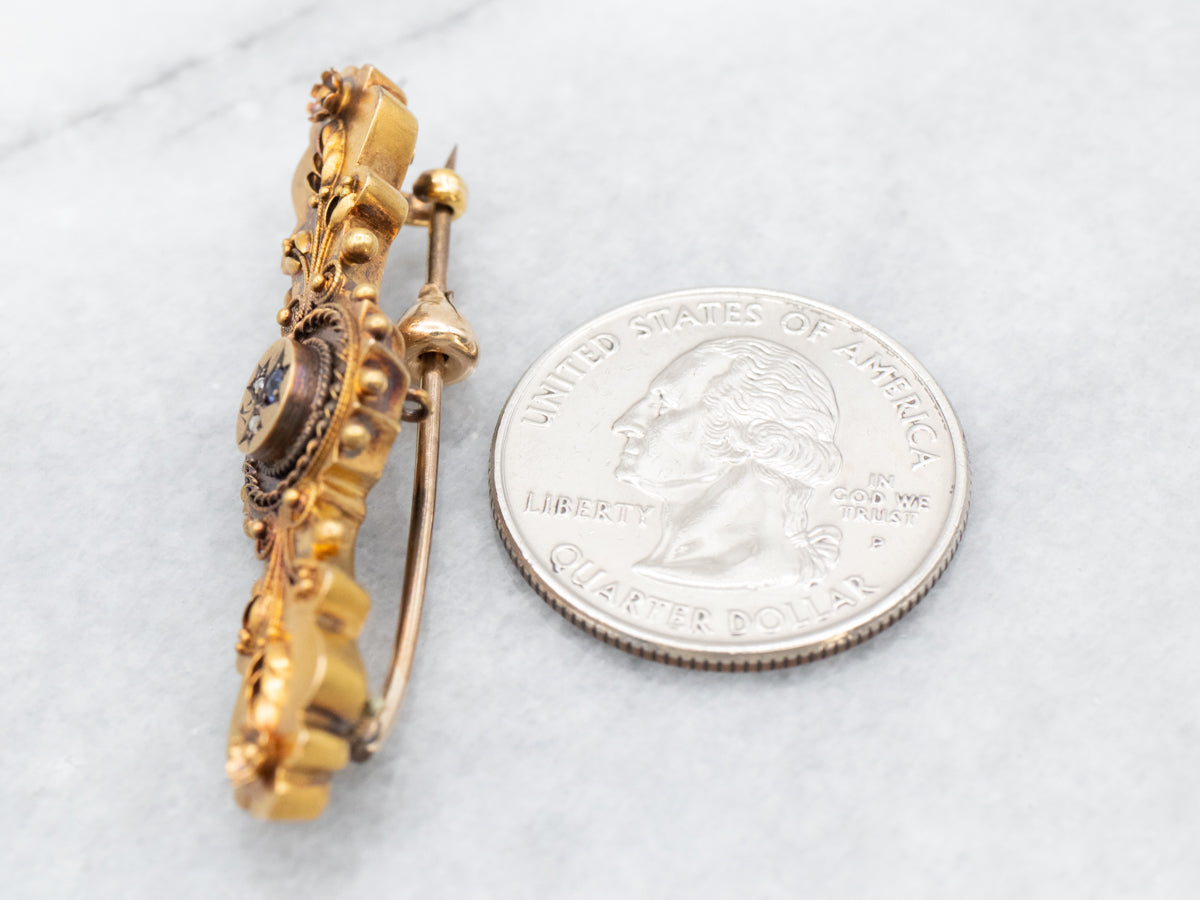 Etruscan Revival Sapphire and Rose Cut Diamond Antique Brooch