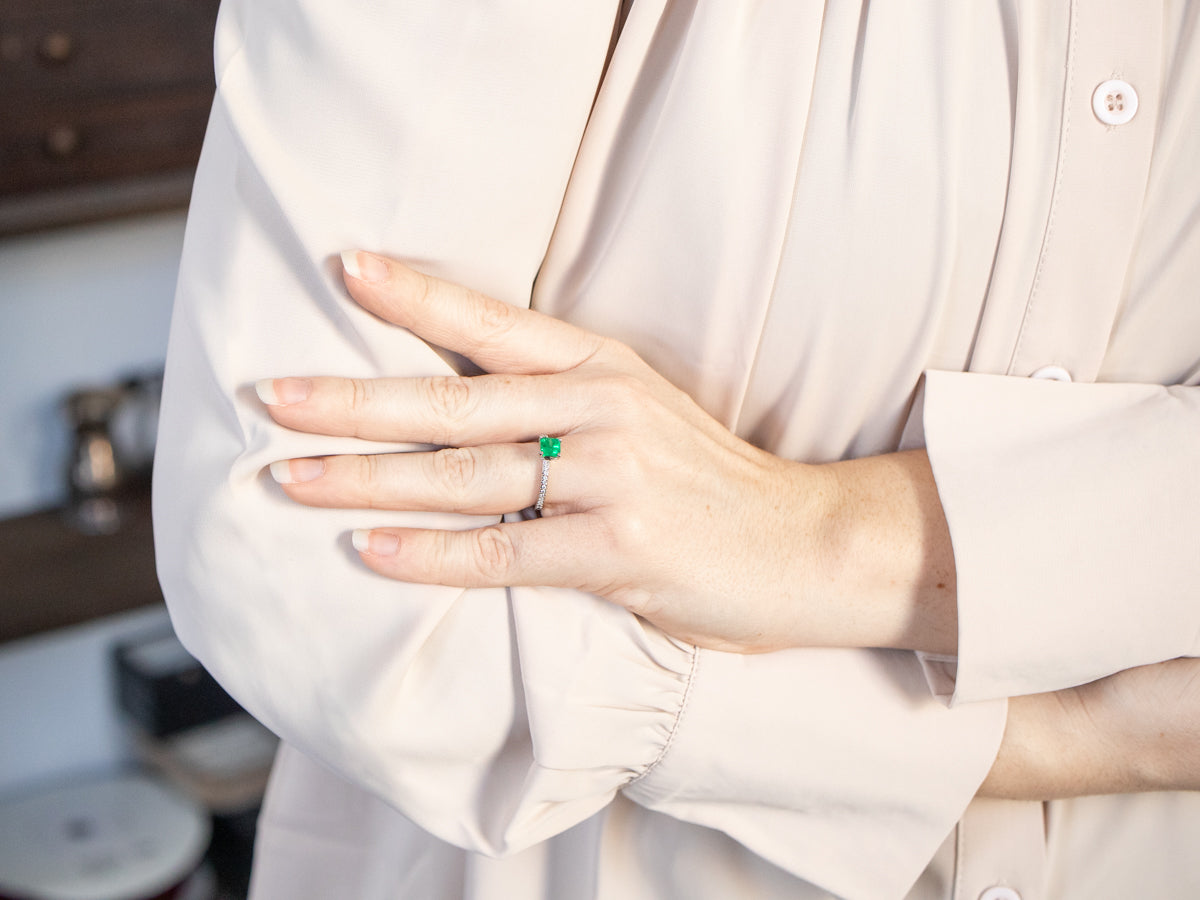 Stunning Emerald and Diamond Modern Engagement Ring