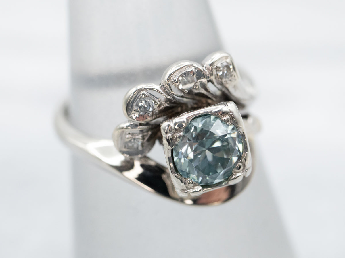 Retro Era Blue Zircon and Diamond Bypass Ring