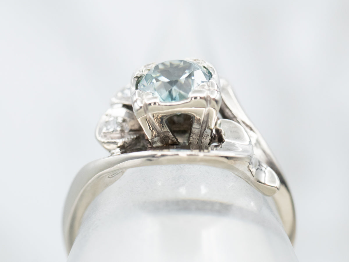Retro Era Blue Zircon and Diamond Bypass Ring