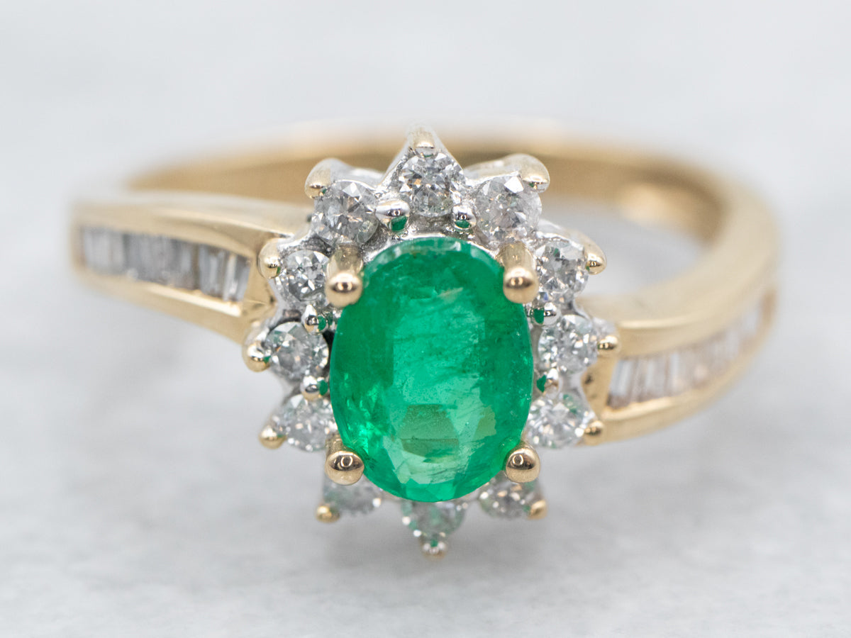Emerald and Diamond Halo Bypass Ring