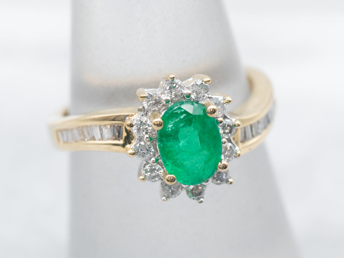 Emerald and Diamond Halo Bypass Ring