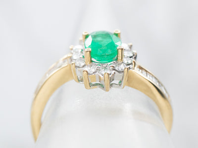 Emerald and Diamond Halo Bypass Ring