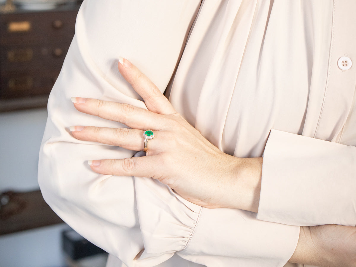 Emerald and Diamond Halo Bypass Ring