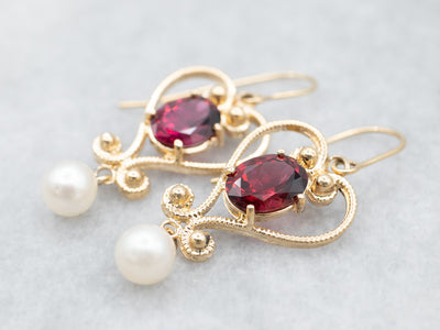 Ornate Pyrope Garnet and Pearl Drop Earrings