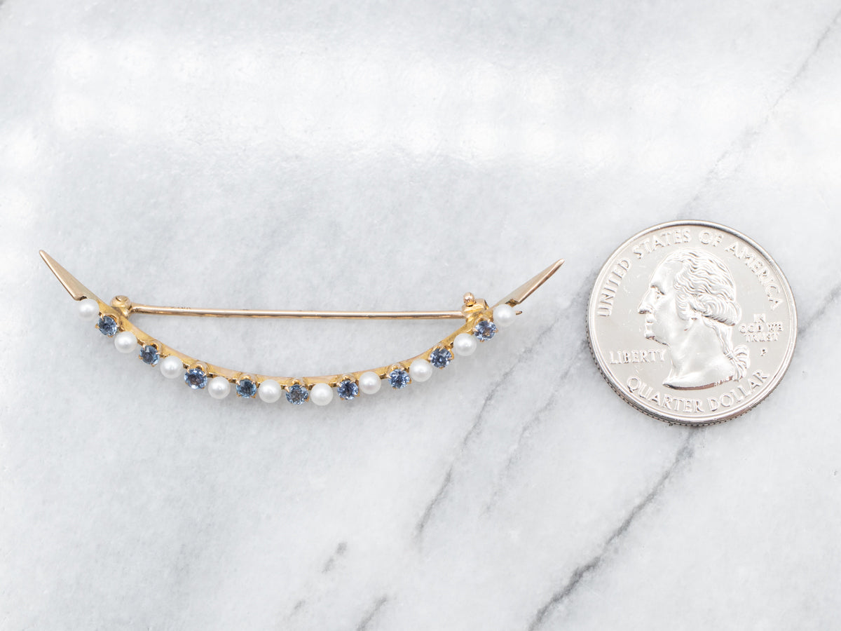 Antique Sapphire and Seed Pearl Crescent Moon Brooch