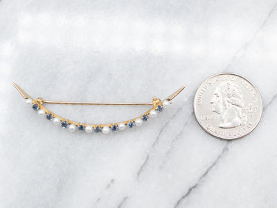 Antique Sapphire and Seed Pearl Crescent Moon Brooch