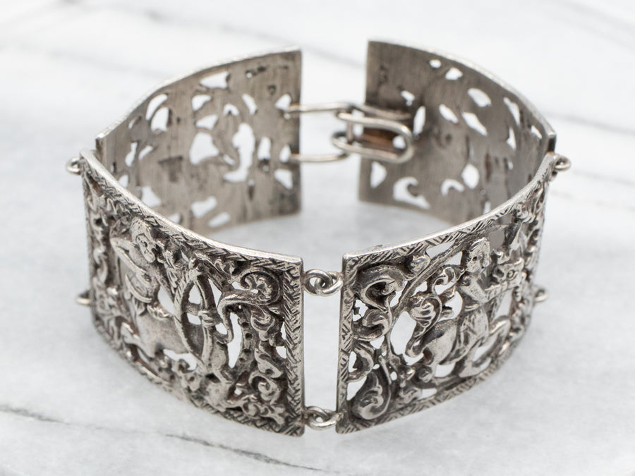 Sterling Silver Ornate Mythical Imagery Panel Bracelet