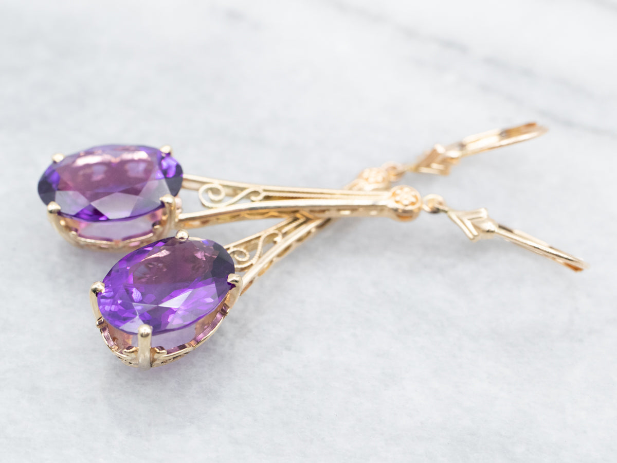 Long Scrolling Gold Amethyst Drop Earrings