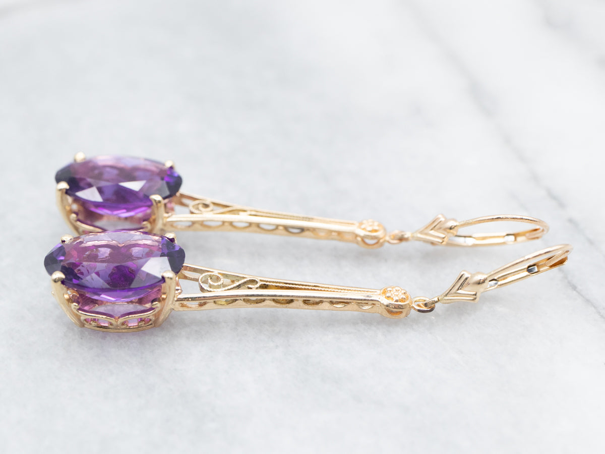 Long Scrolling Gold Amethyst Drop Earrings