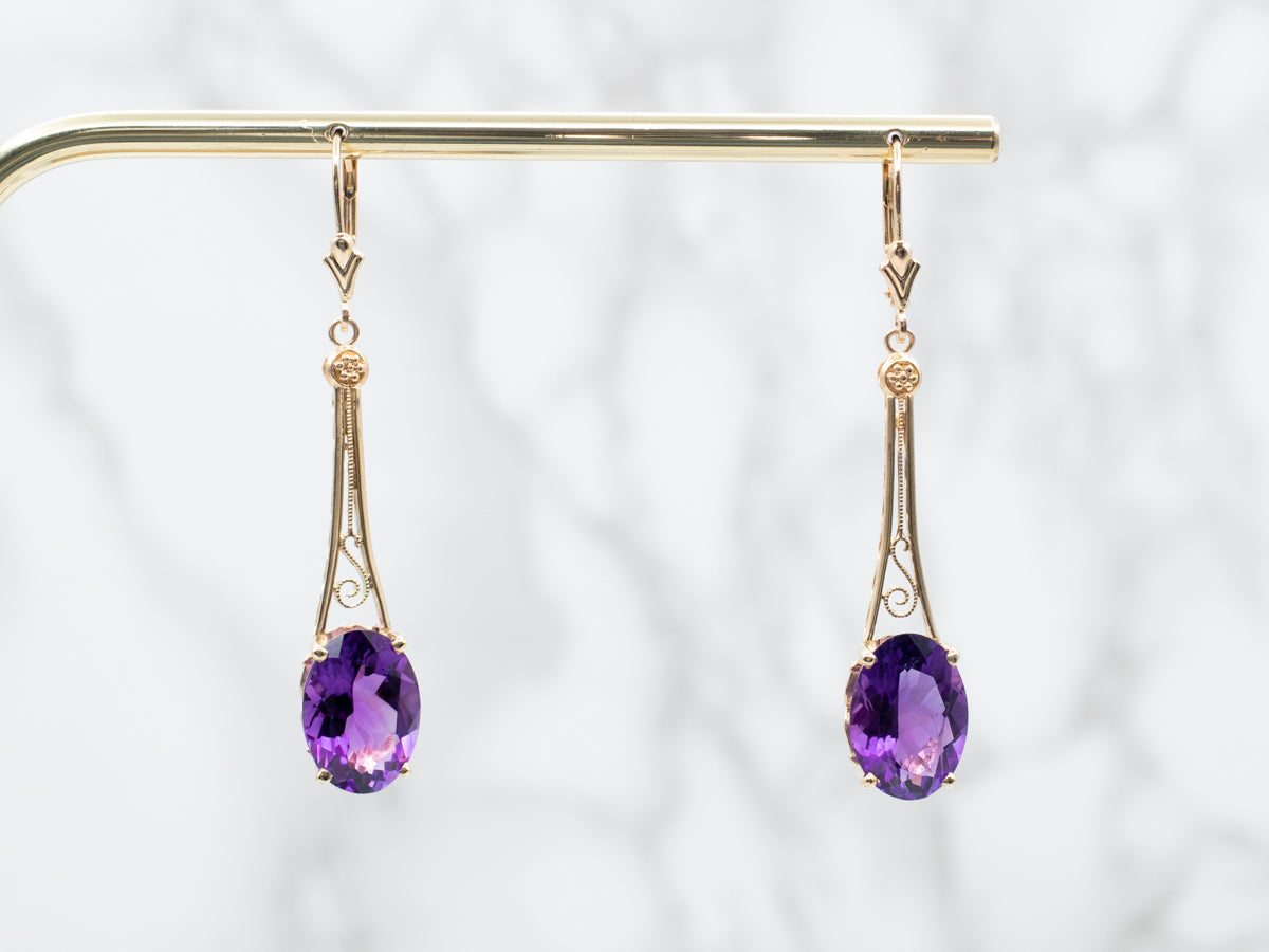 Long Scrolling Gold Amethyst Drop Earrings