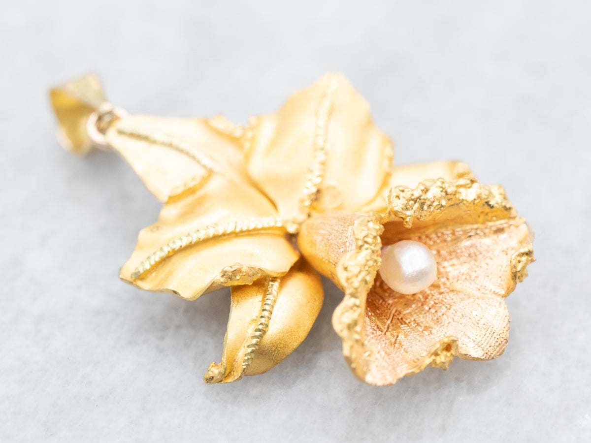 Vintage Gold Daffodil Pearl Pendant