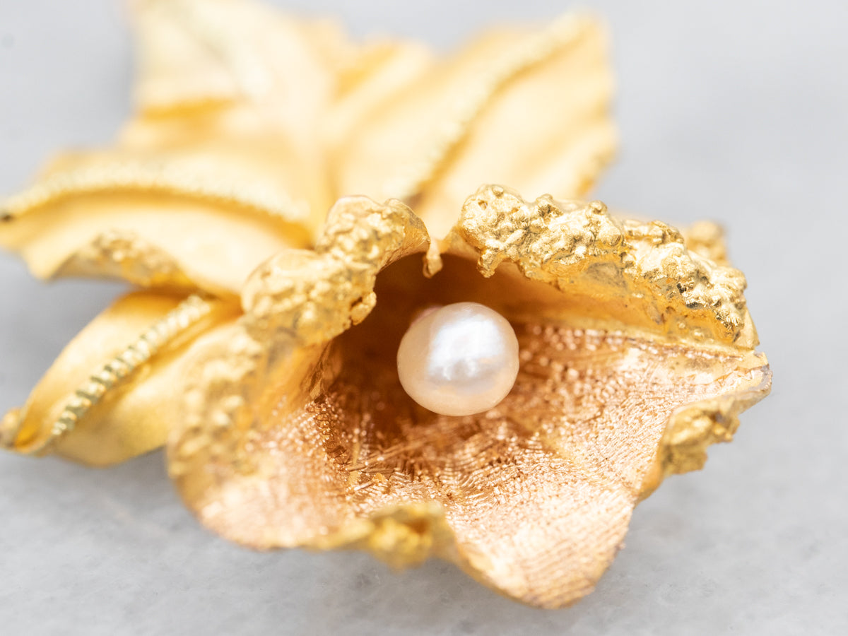 Vintage Gold Daffodil Pearl Pendant